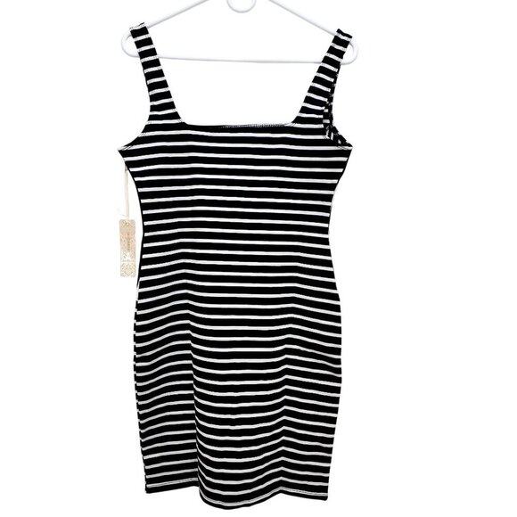 Striped Black & White Bodycon Dress - Square Neckline Sleeveless Stretchy Size L - Picture 2 of 9
